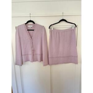 St John Collection Lilac Knit Cardigan Skirt Set Designer Luxury Size 10 12